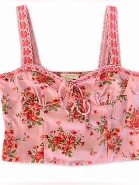 Pink Floral Bustier Top L Coquette Fairycore Romantic Corset Style Lace Tie NWT